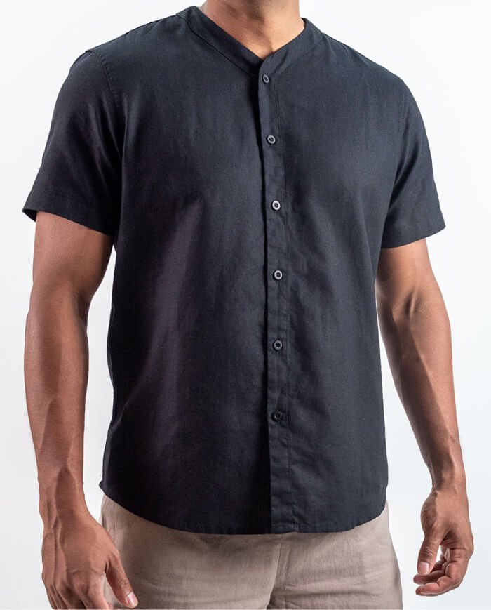 Infinity Collar Linen Short Sleeve Shirt – Black