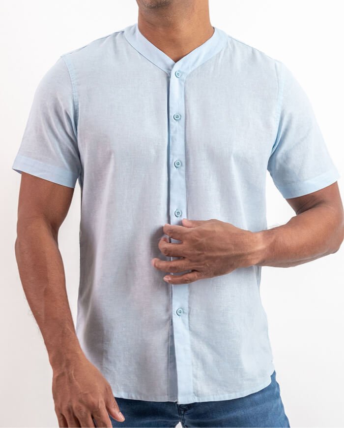 Infinity Collar Linen Short Sleeve Shirt – Light Blue