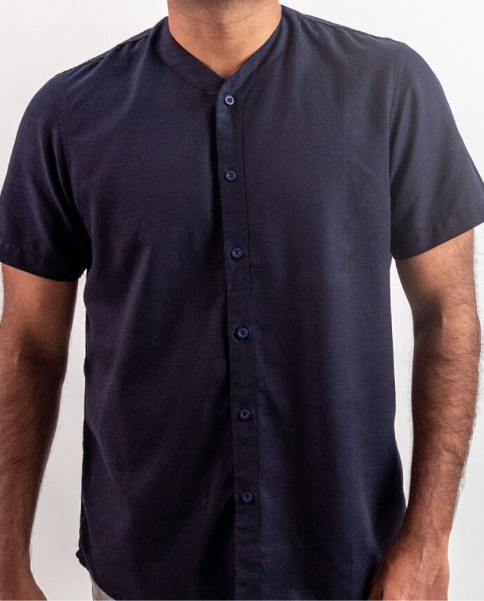 Infinity Collar Linen Short Sleeve Shirt – Navy Blue