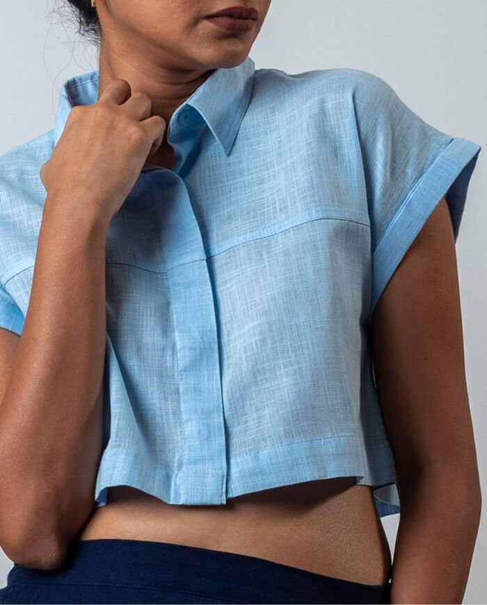 The Batiste Linen Short Sleeve Crop Shirt-Light Blue
